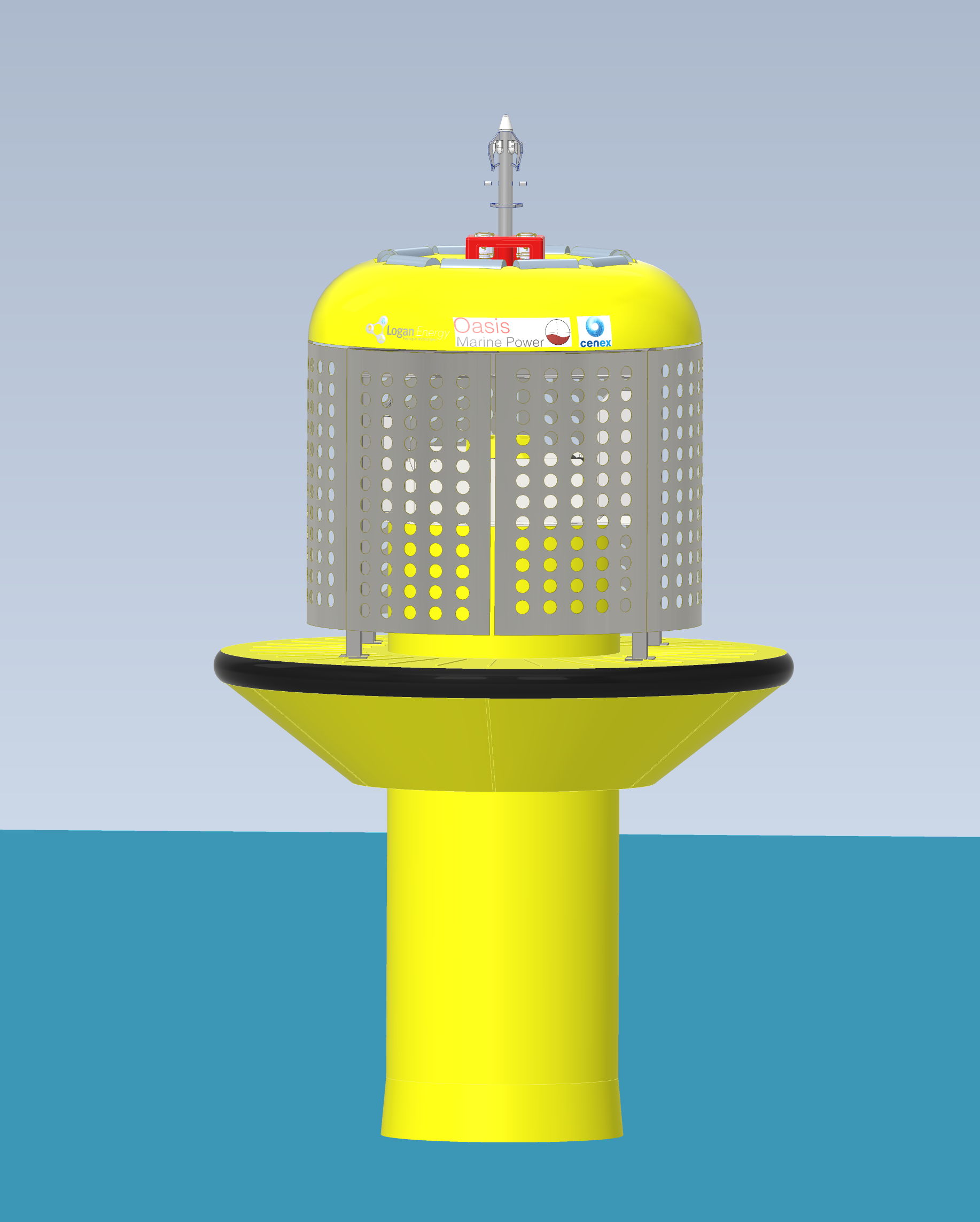 A graphic design of a large, yellow industrial buoy protruding from the sea